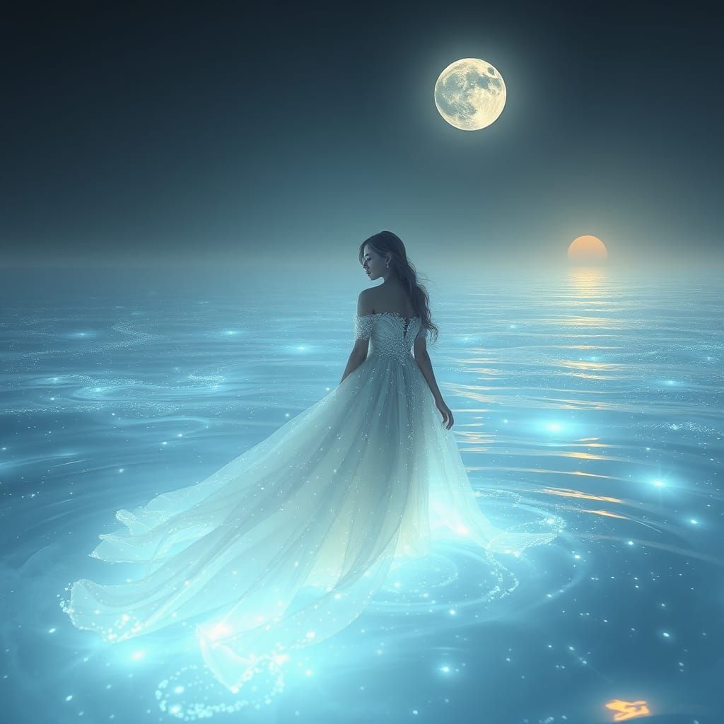 Mystical Woman in Luminous Waters, Dreamlike Concept Art