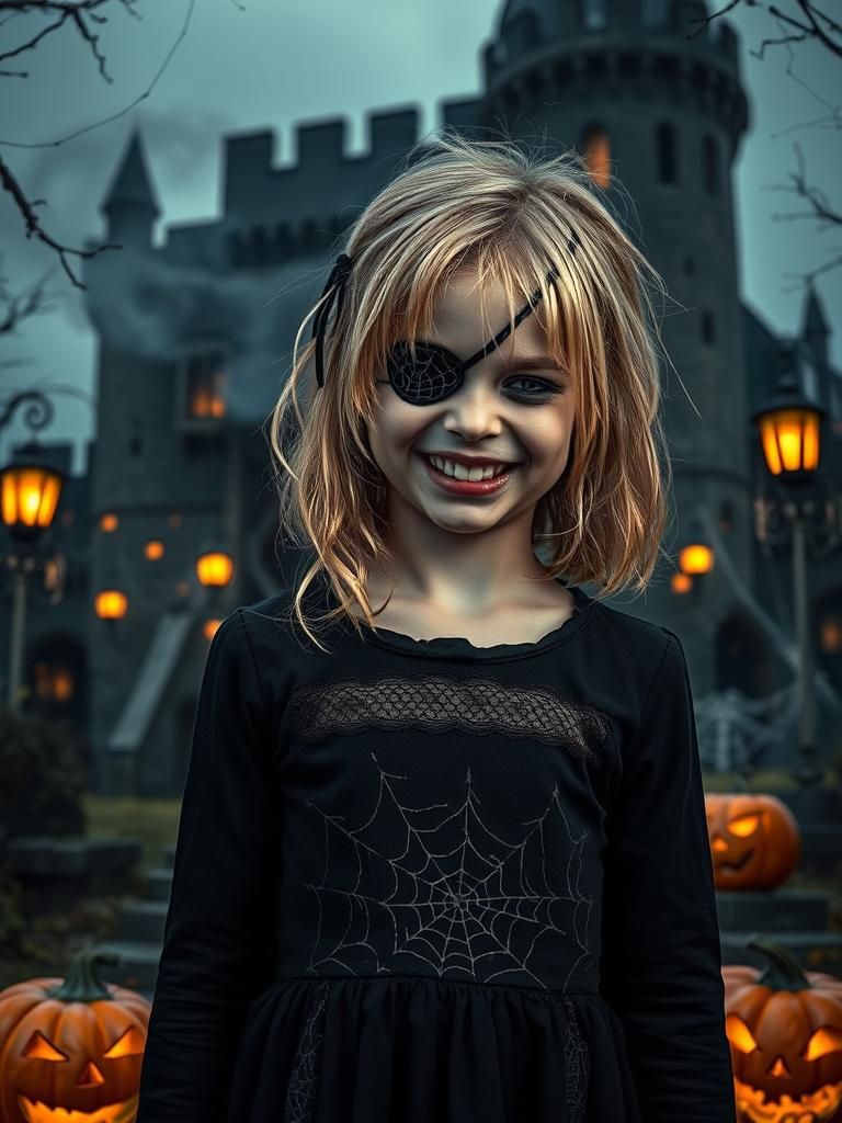 Eerie Halloween Portrait: Girl with Spiderweb Eyepatch