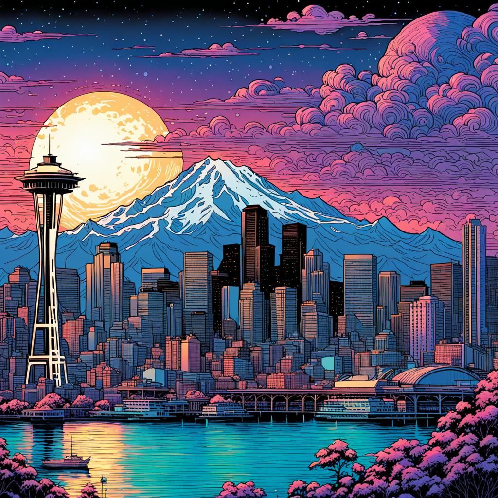 Vaporwave Seattle Skyline in Comic Book Art Style