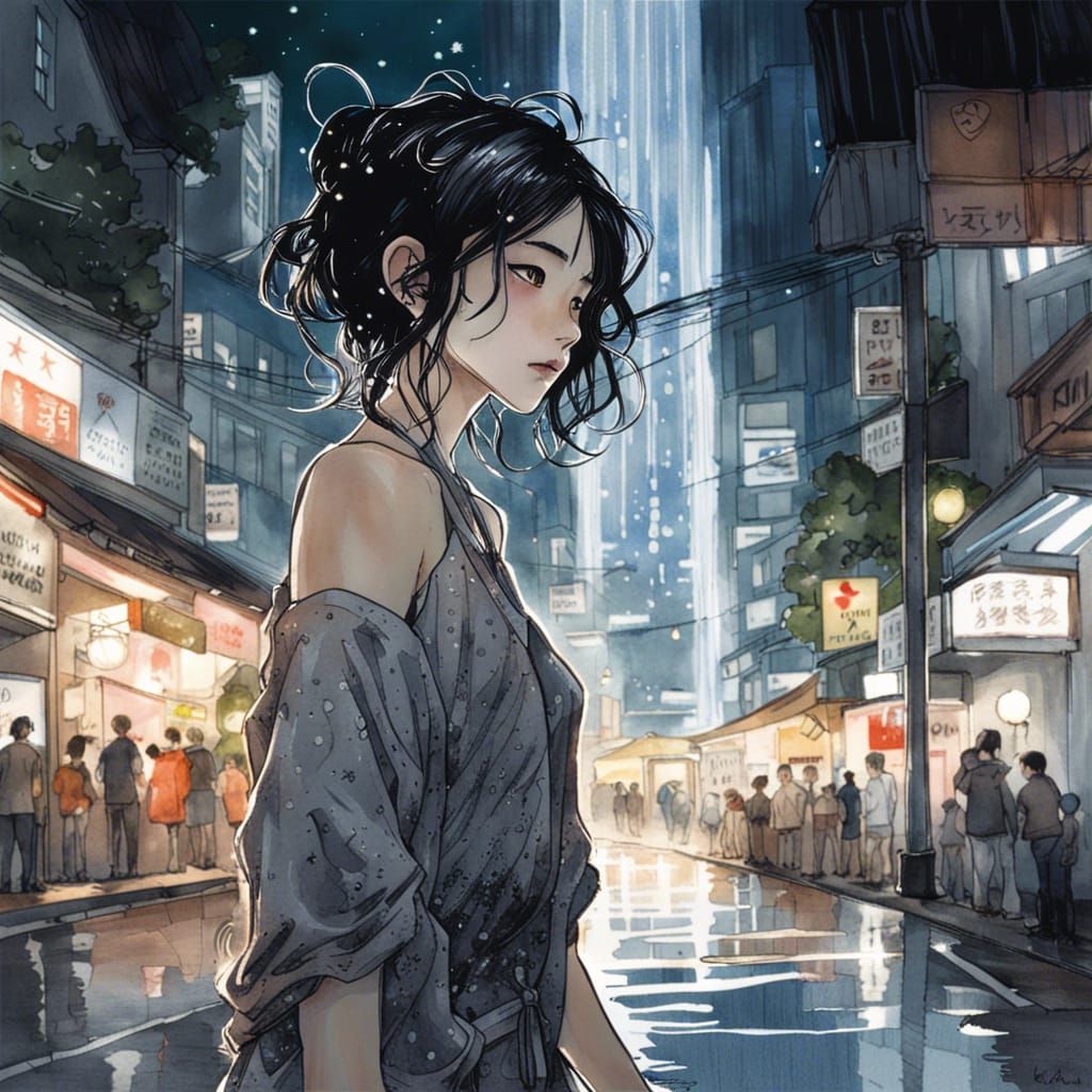Anime Woman in Singapore Night, Watercolor Art