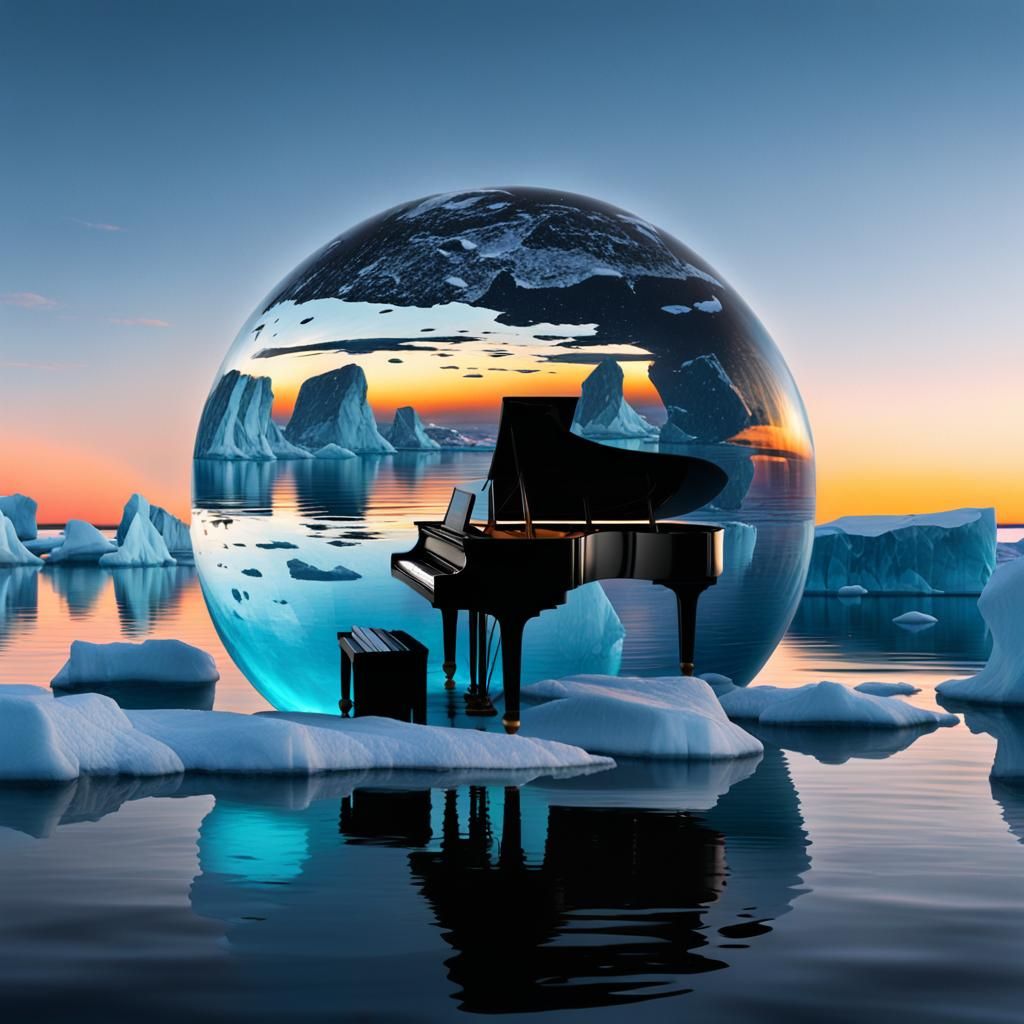 Arctic Pianist in Glass Sphere: Magic Realism