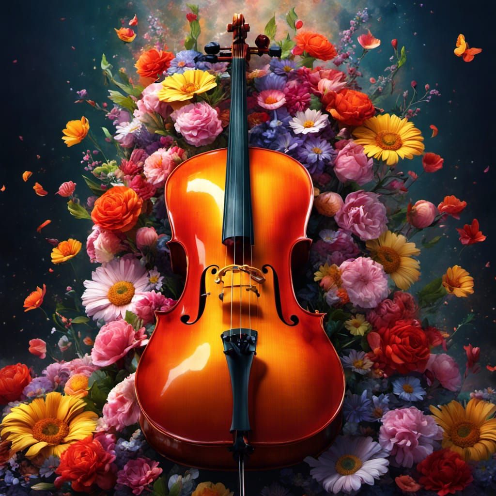 Floral Cello: Vivid, Detailed, Fantastical Artwork