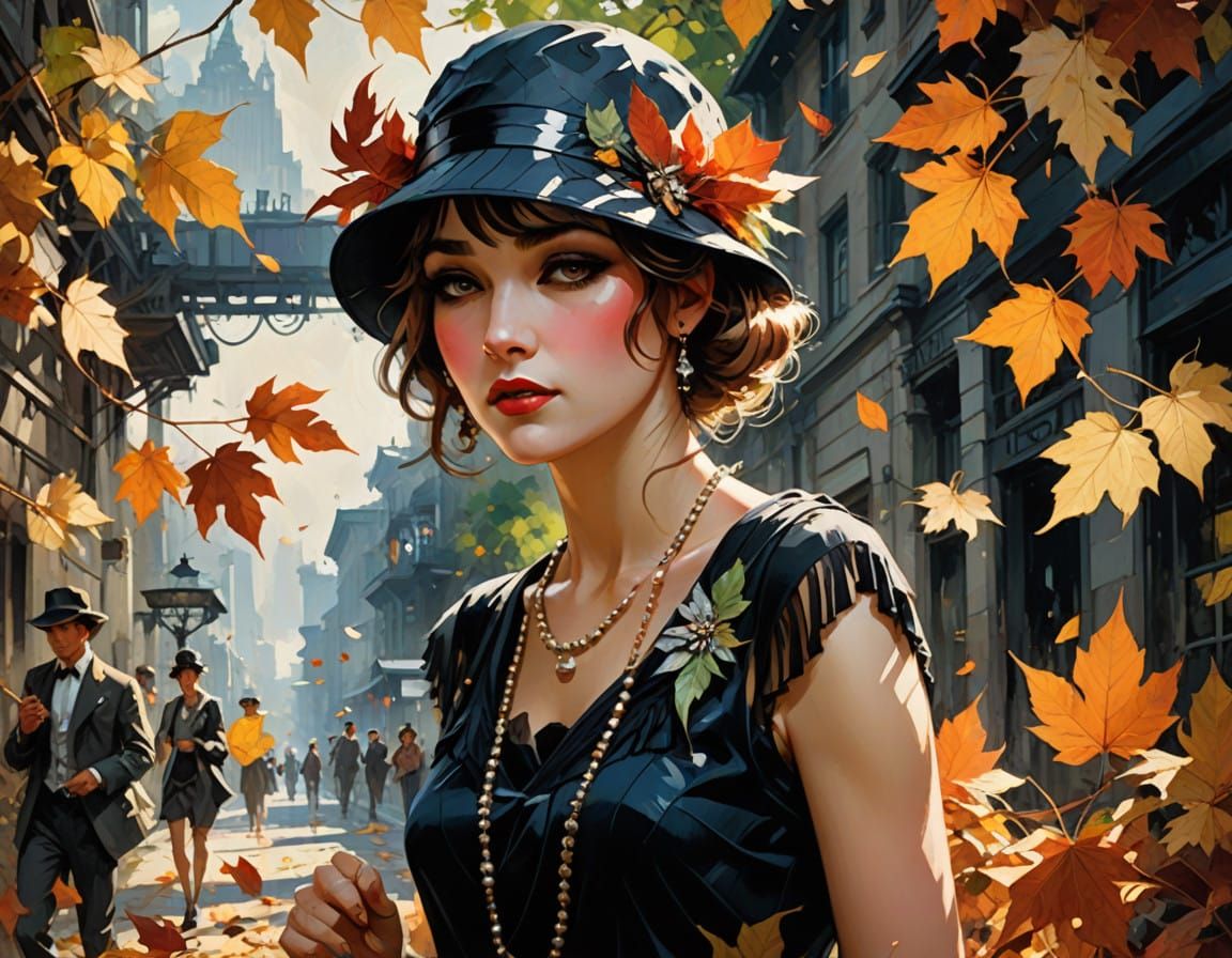Elegant Flapper Dances with Whirling Leaves in Dark Fantasy