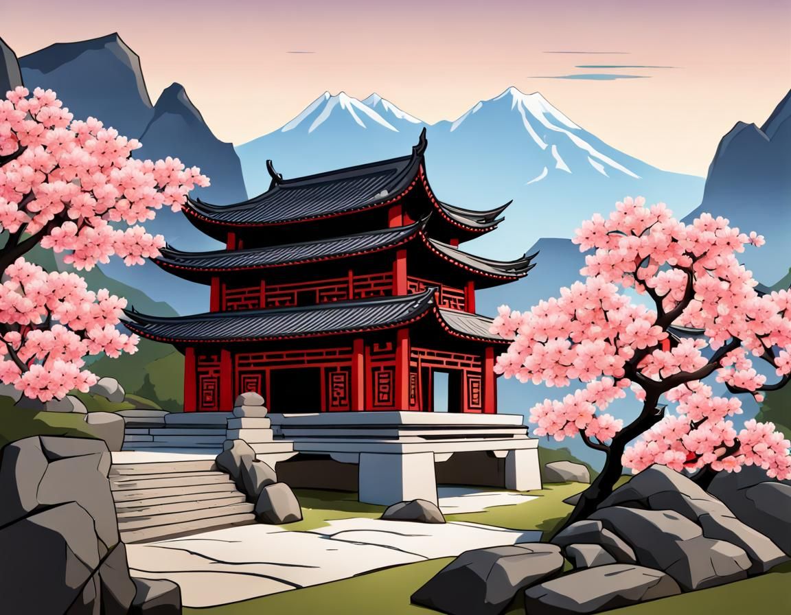 Zen Temple with Cherry Blossoms and Mountains