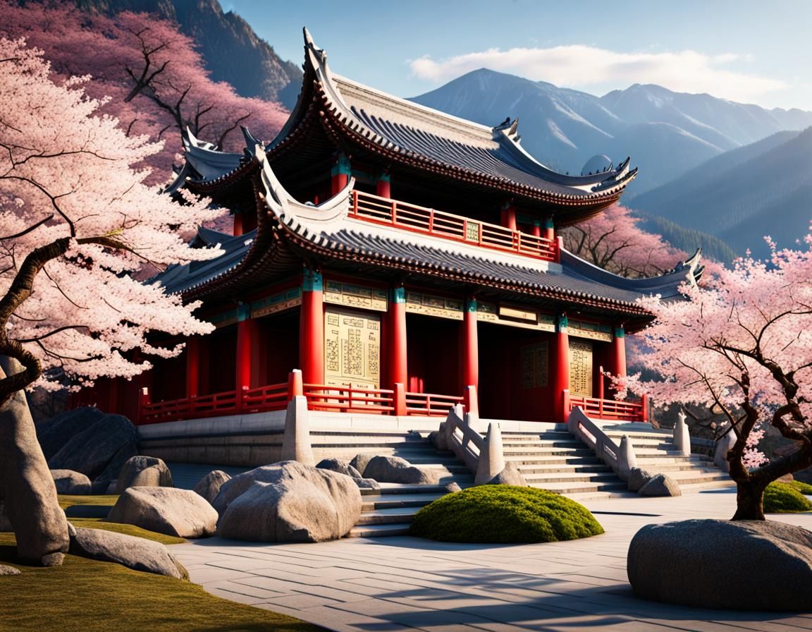 Chinese Temple Amidst Zen Gardens and Cherry Blossoms