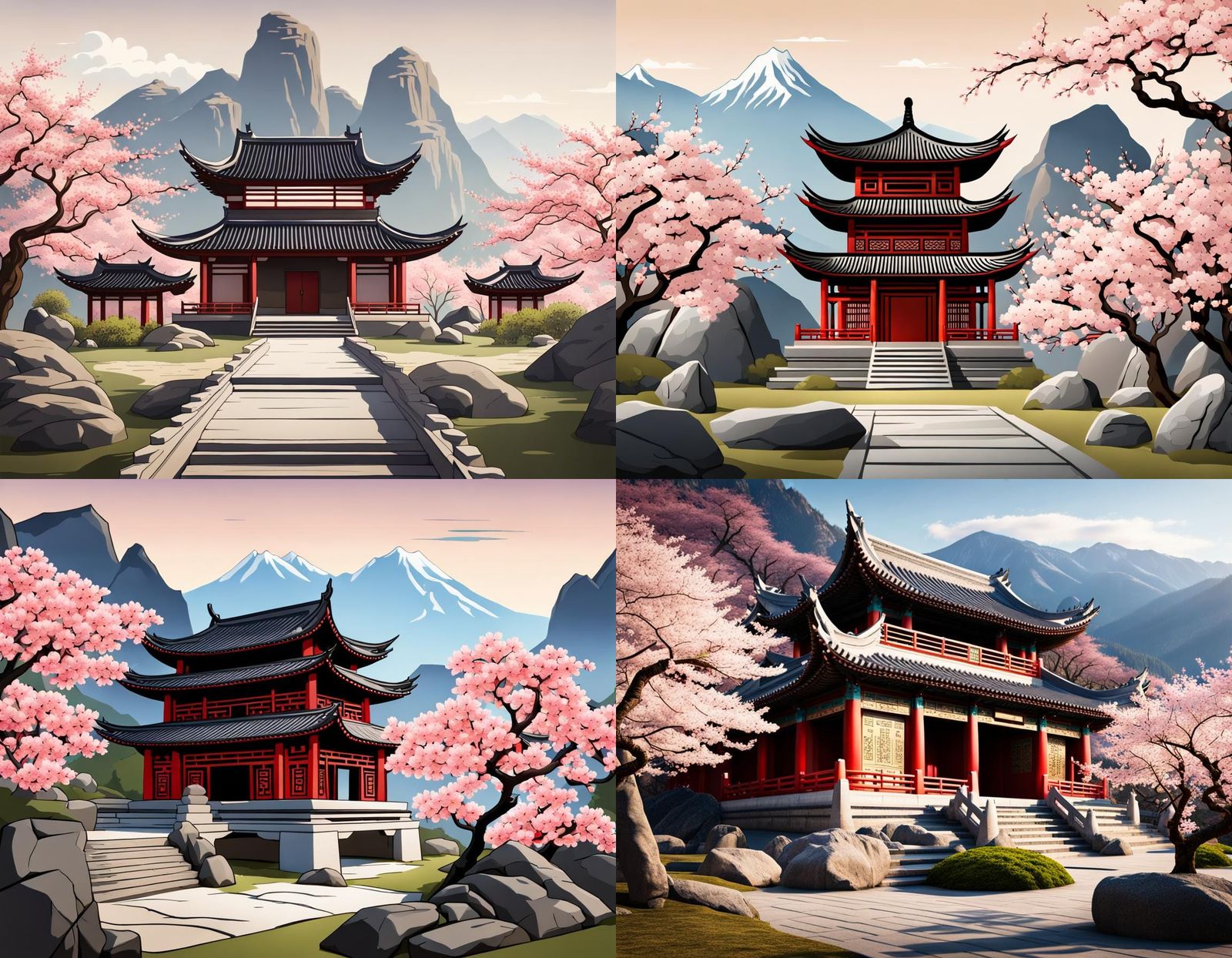 Zen Garden Temple with Cherry Blossoms