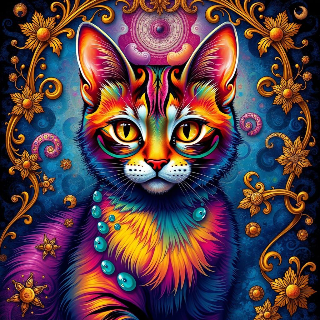 Surrealist Feline in Vibrant, Psychedelic Dreamscape