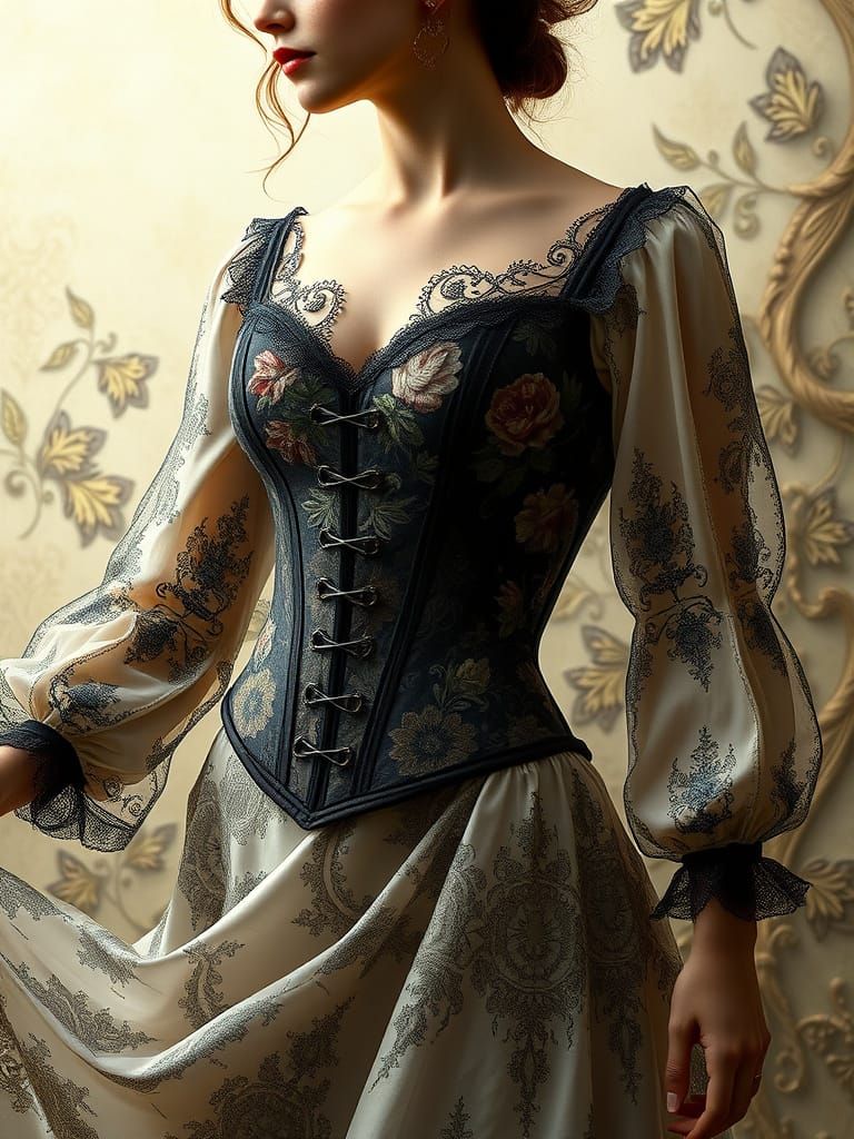 Jacquard flowered corset bodice gothic lace skirt and blouse perfect feminine fashion