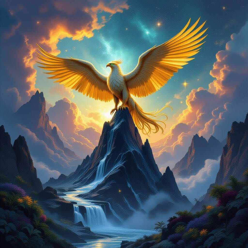 Majestic Griffin on Obsidian Peak in Nebula Sky