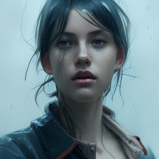 Rainy Portrait in Hyperdetailed Splash Art Style