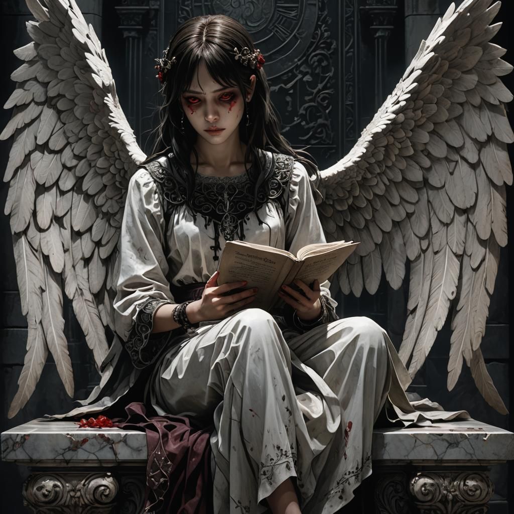 Gothic Angel with Death Note in Darkness