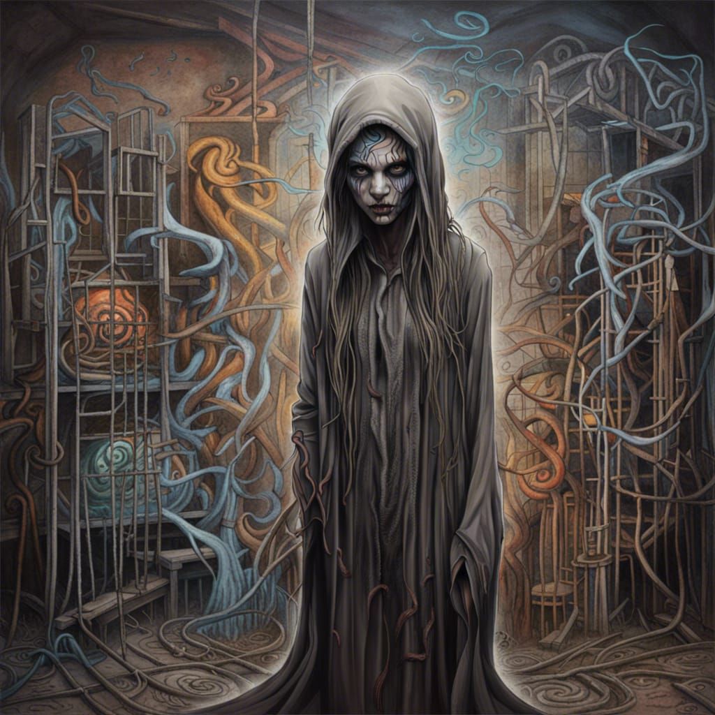 Grimy Decay: Unsettling Specter in Graffiti Labyrinth