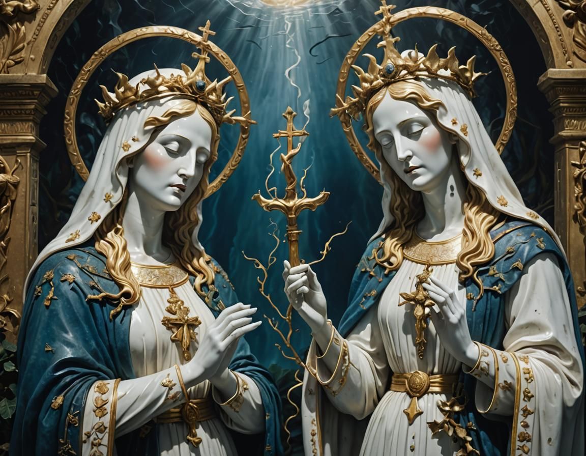 Surreal Madonna Statues in Dreamlike Confrontation