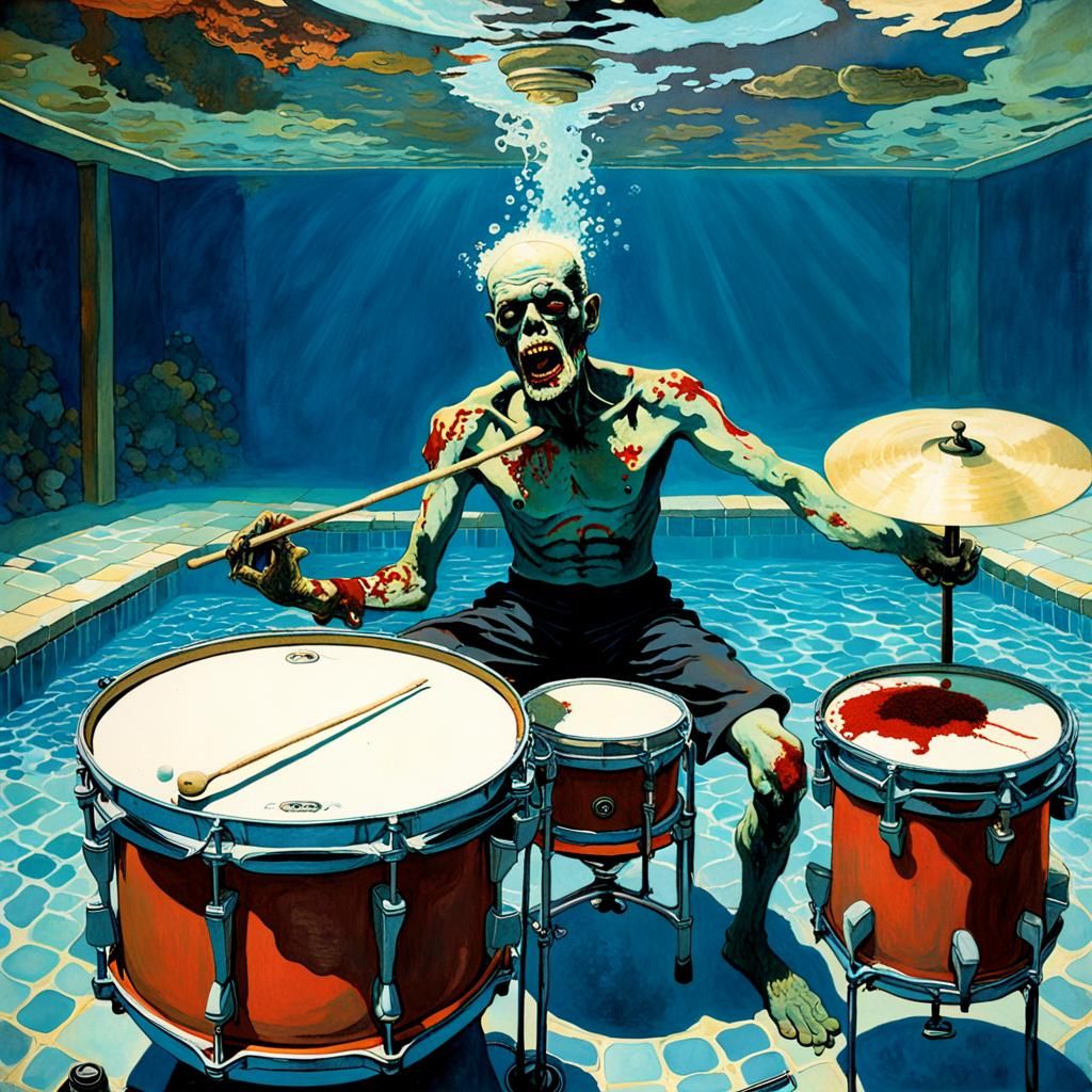 Zombie Drummer Underwater: Dye-Transfer Golden Age Illustrat...