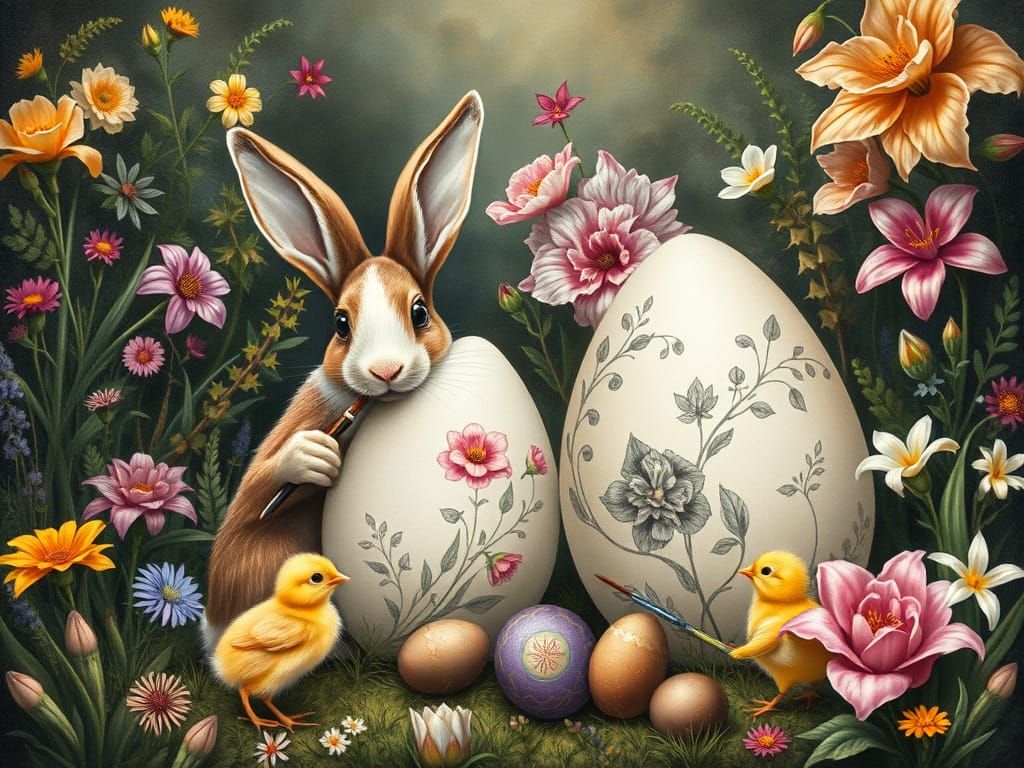 Bunnies and Chicks Painting Easter Eggs in Fairy Tale Landsc...