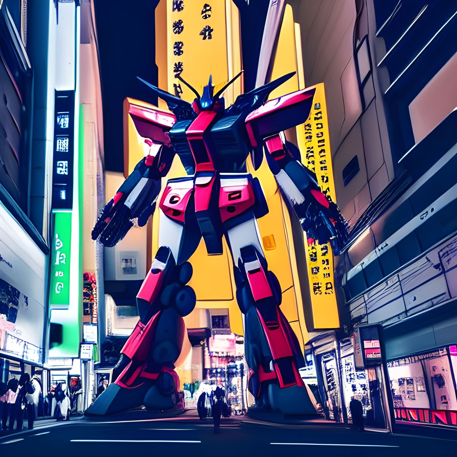 Hyper-Realistic Gundam Mech in Neon Tokyo Street