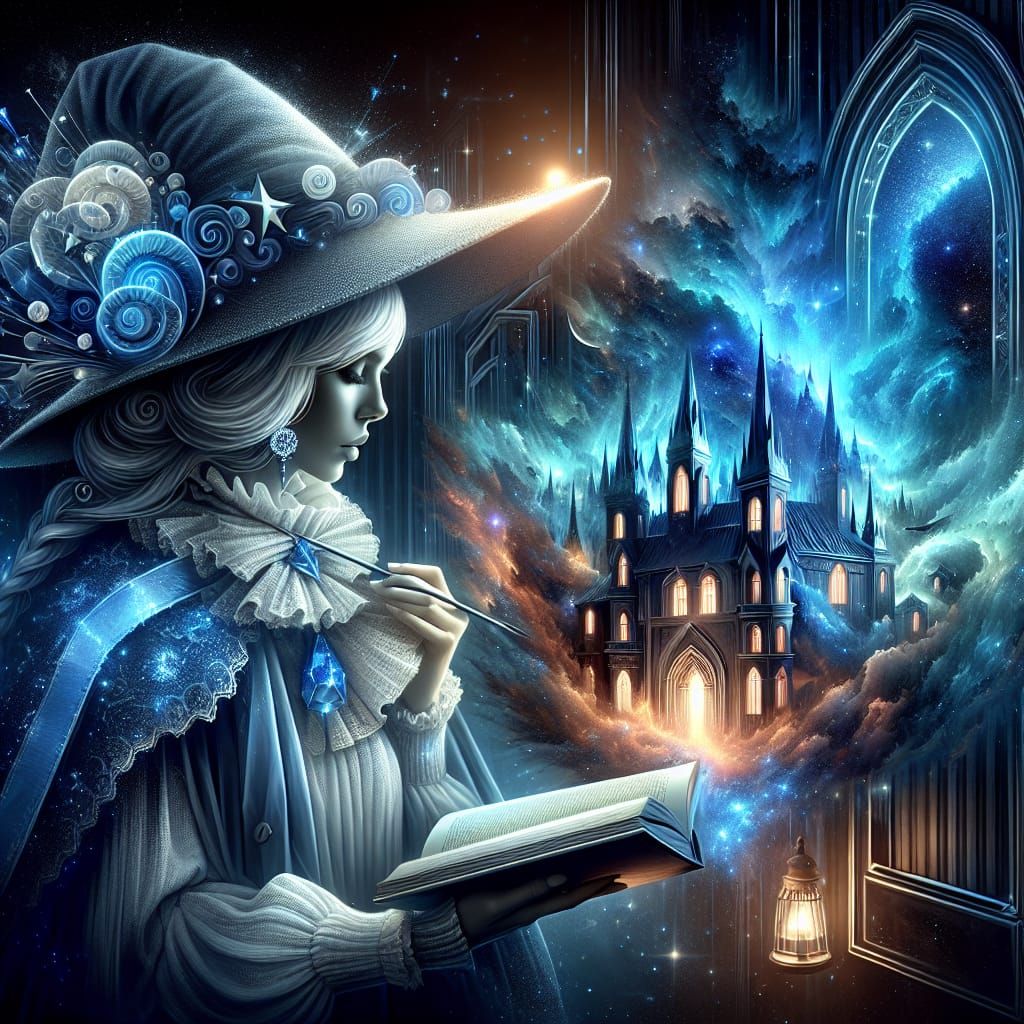 Charming Witch Reading Under Nebula Sky in 3D
