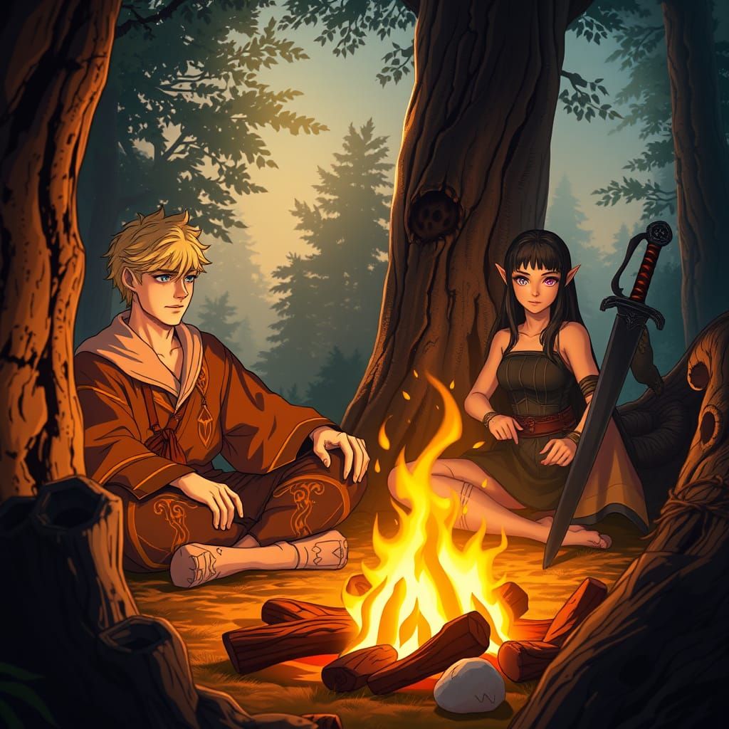 Mystic Mage Beside Campfire in a Tranquil, Cel-Shaded Scene
