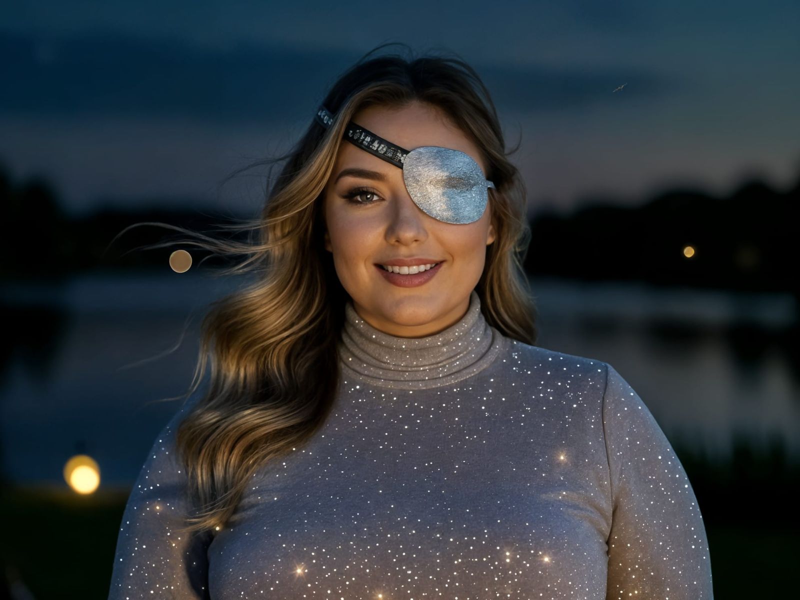 Mystical Night Portrait of Woman in Glitter Dress