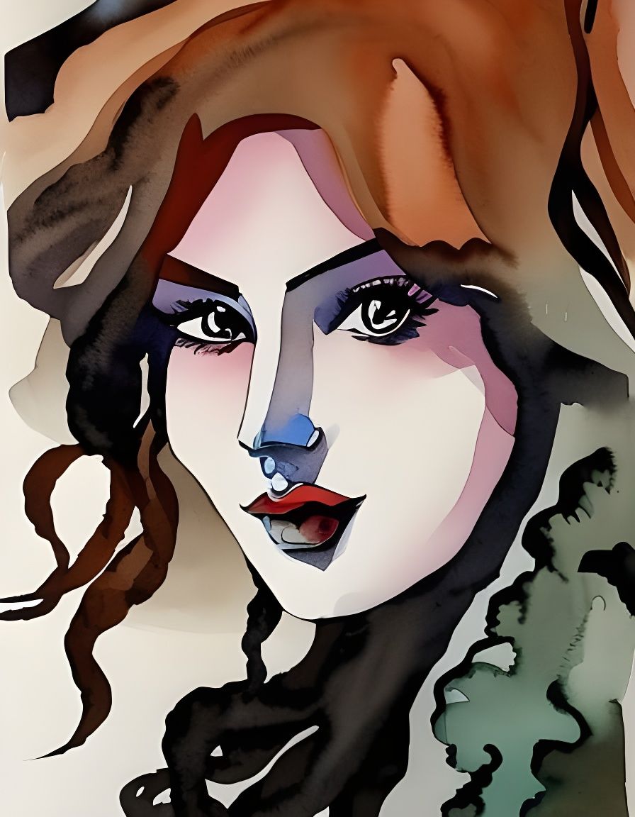 Watercolor and Ink Portrait of a Girl