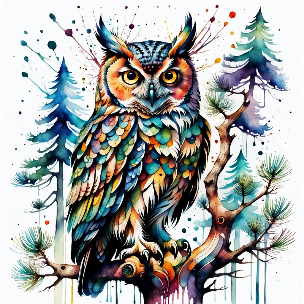 Whimsical Owl on Pine Branch in Watercolor
