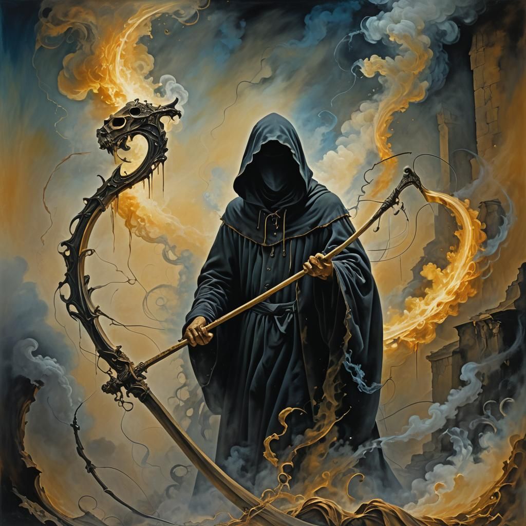 Surreal Hooded Figure with Scythe in Abstract Expressionism