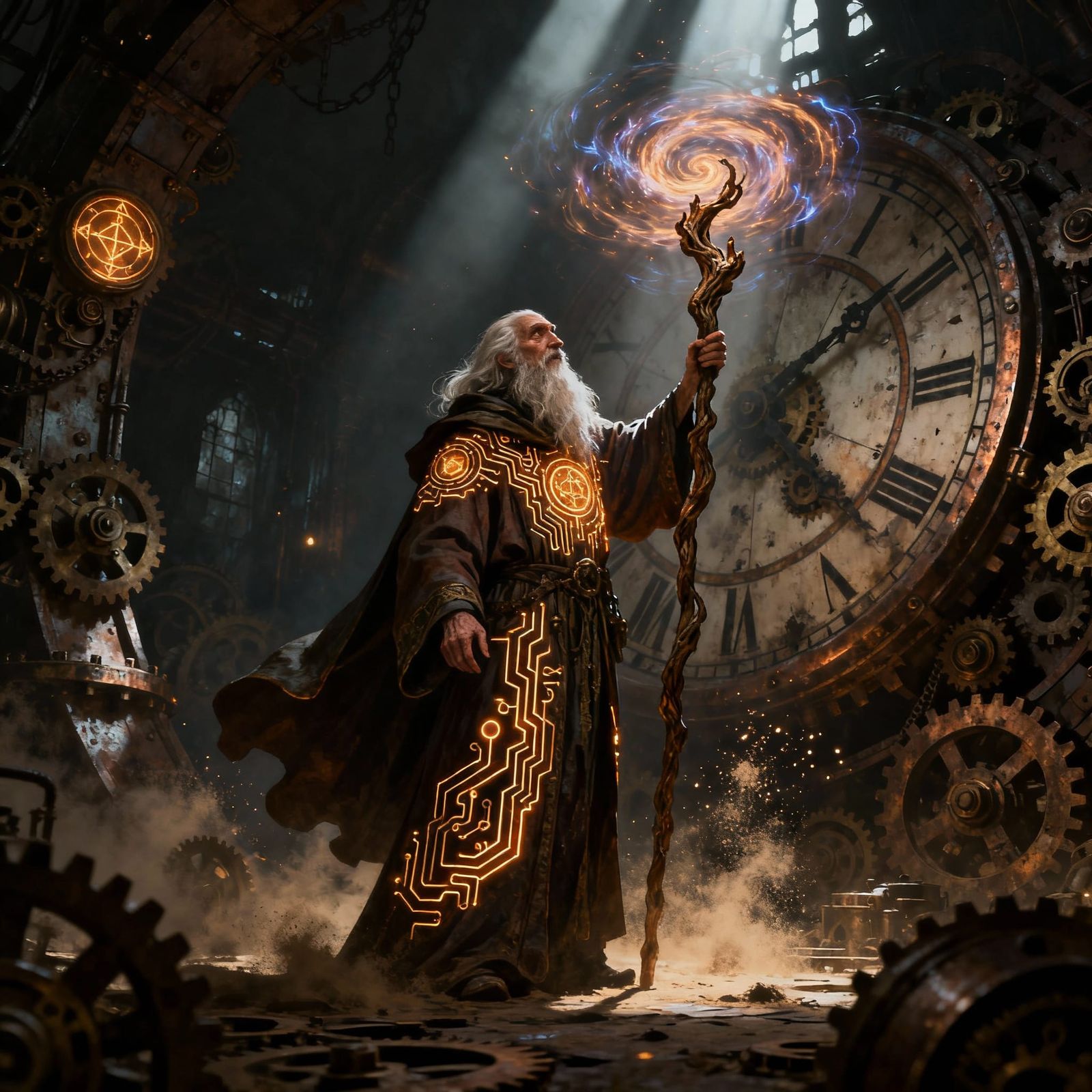 Wise Magician Conjures Arcane Energy in Steampunk Clockwork