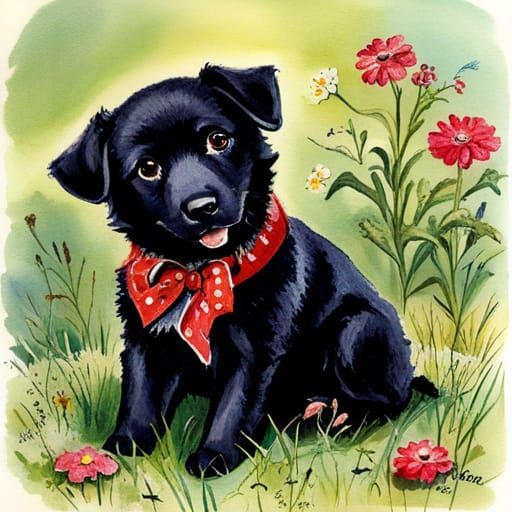 Adorable Sheprador Puppy with Crochet Flowers
