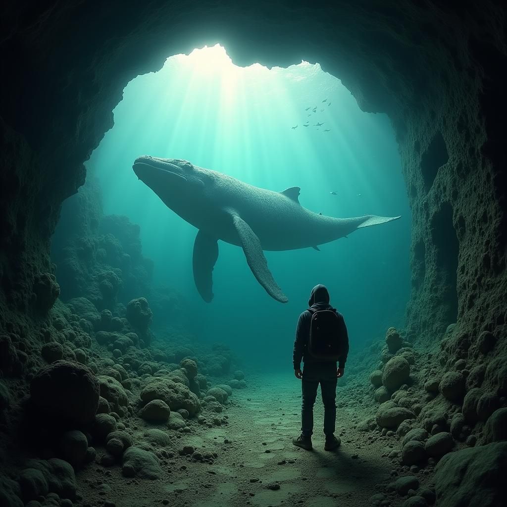 Underwater Cavern with Shipwreck and Whale in Sepia