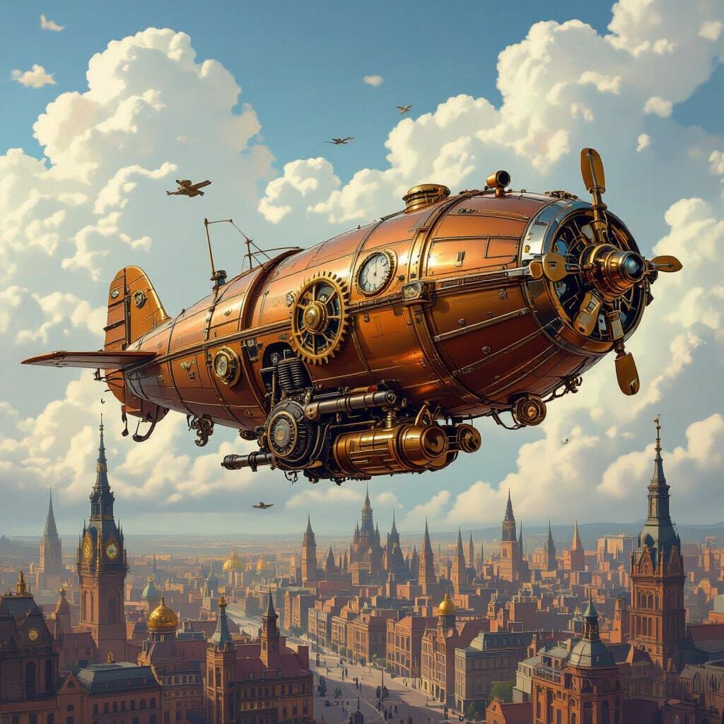 Steampunk Motorcycle Airship Soaring Through Clockwork Sky