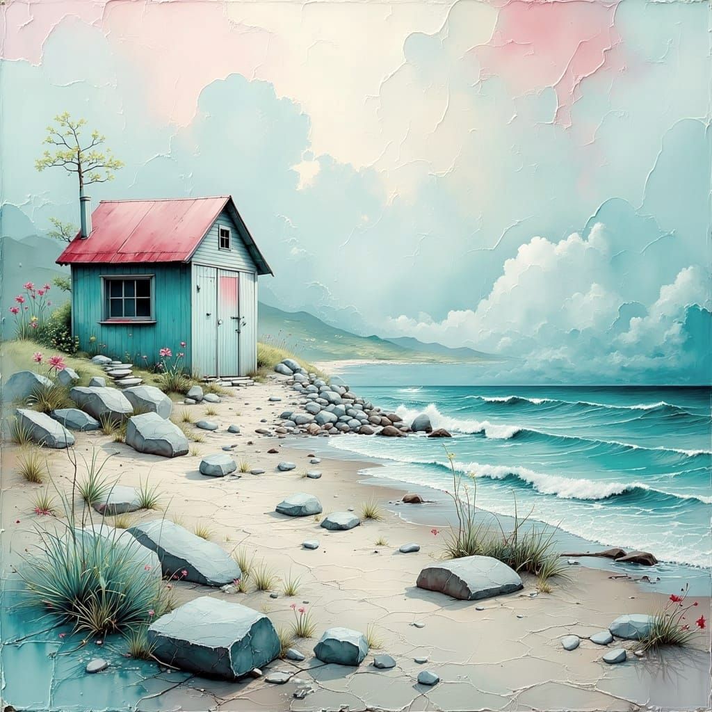 Surreal Beach Hut Triptych in Pastel Oil Painting Style