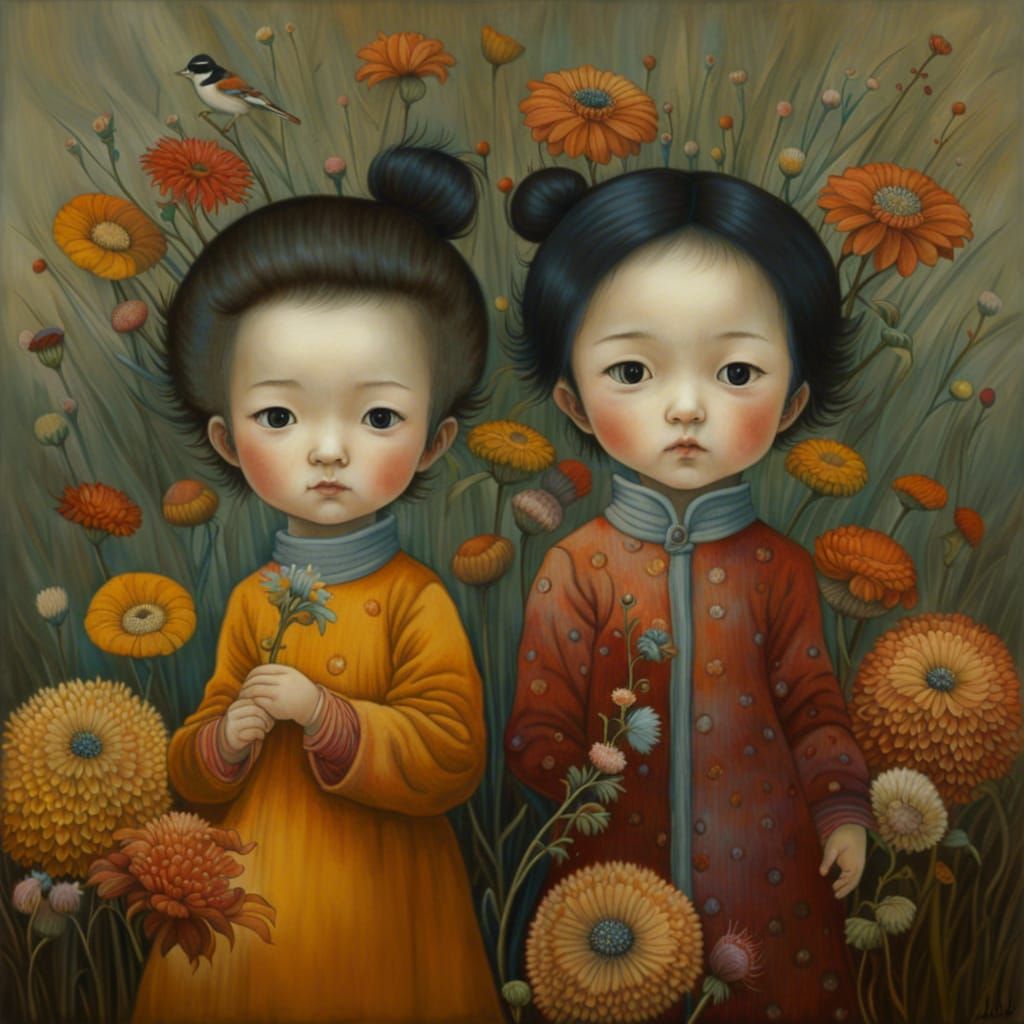 Toddler Siblings with Autumn Wildflowers in Magic Realism