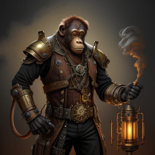 Steampunk Orangutan Priest Tends to Intricate Hissing Engine