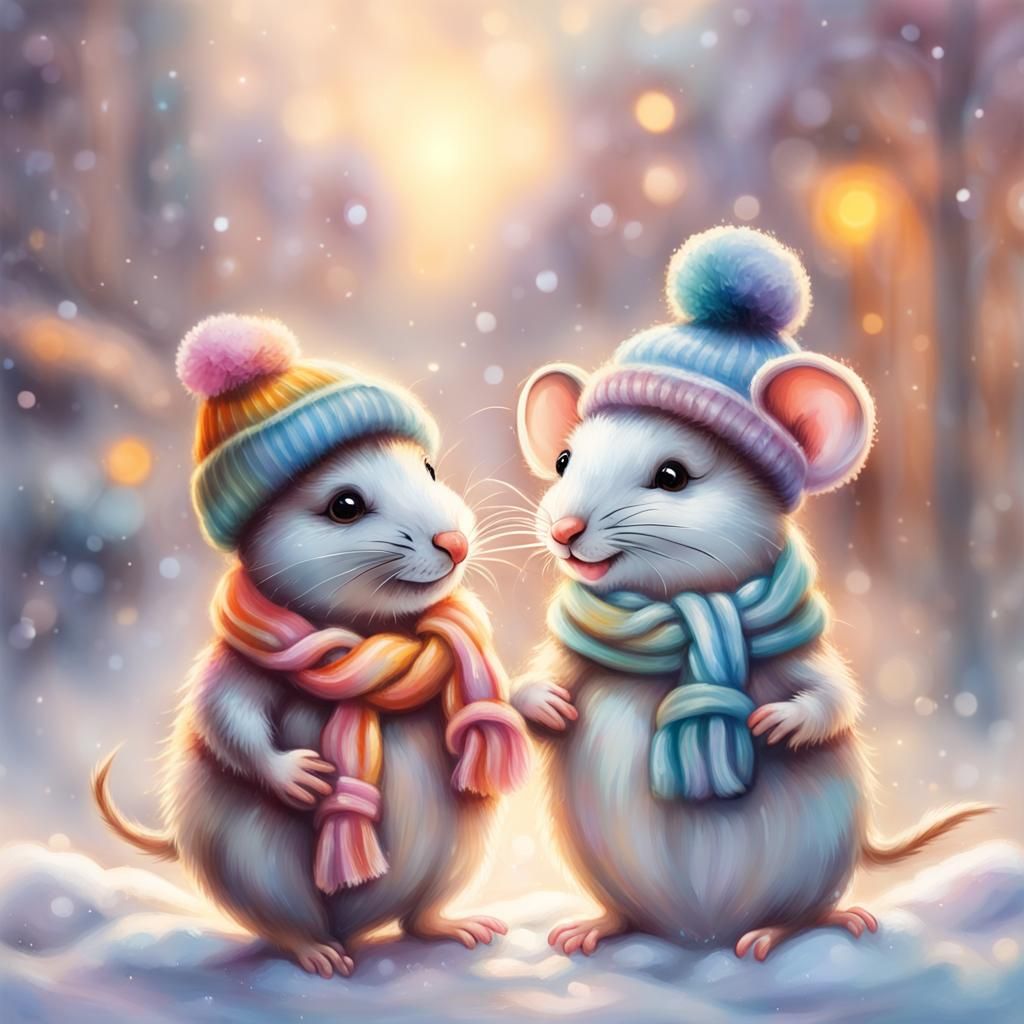 Mice Build Snowman in Pastel Winter Cityscape