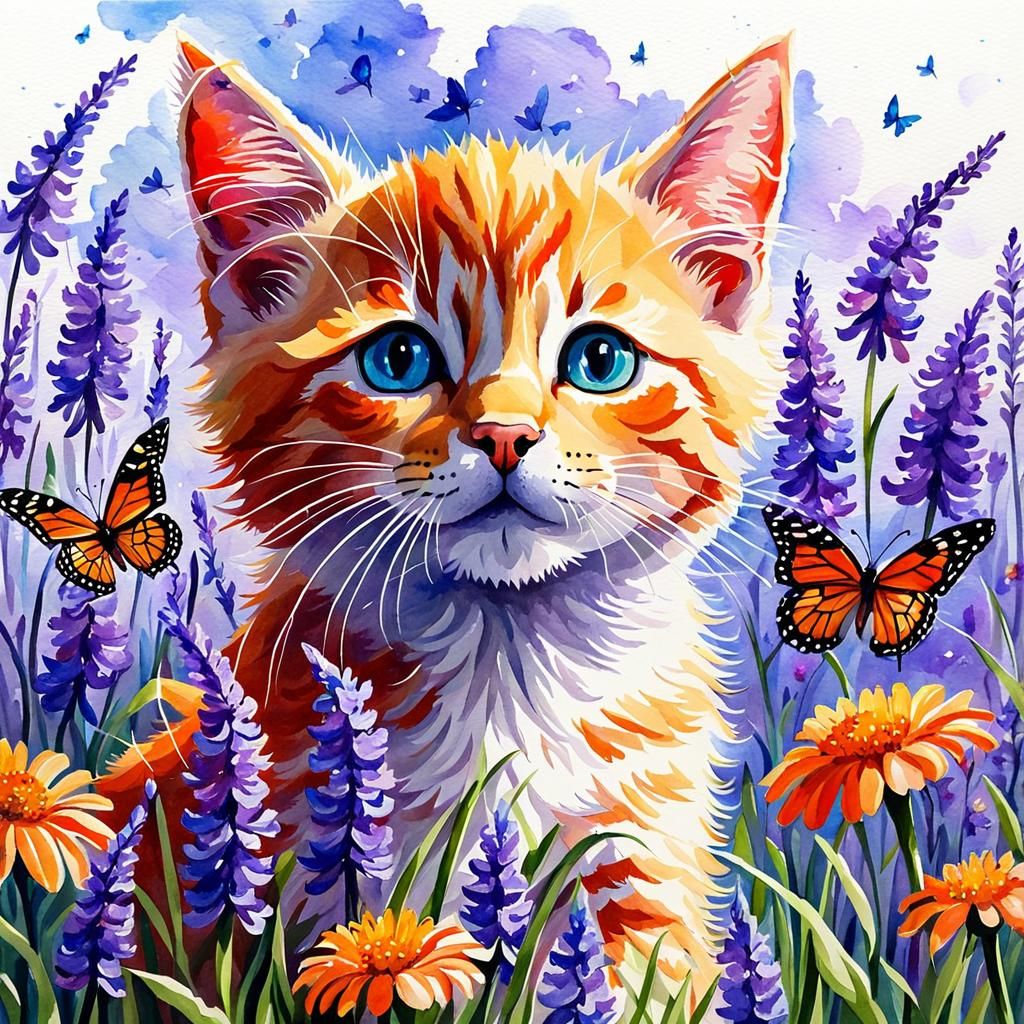 Watercolor Kitten Mesmerized by Purple Butterflies