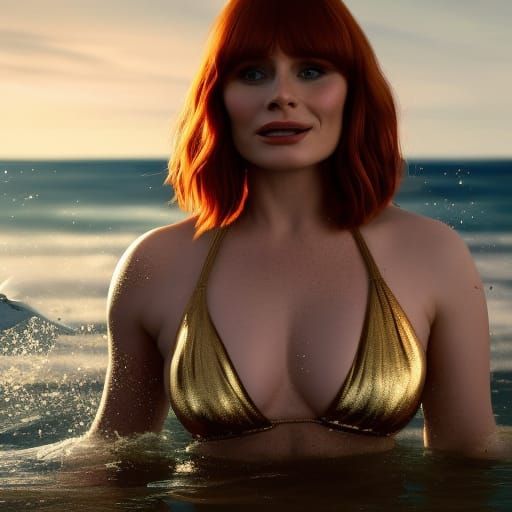 Bryce Dallas Howard wearing a bikini and gold necklace at the beach during a nice sunset.