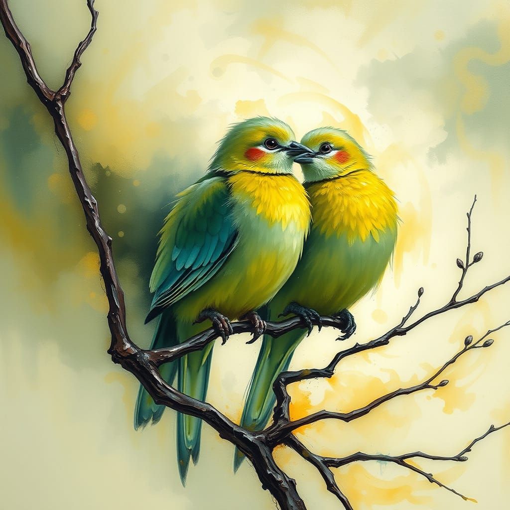 Surreal Chartreuse Turtledoves Perched on Twisted Branch