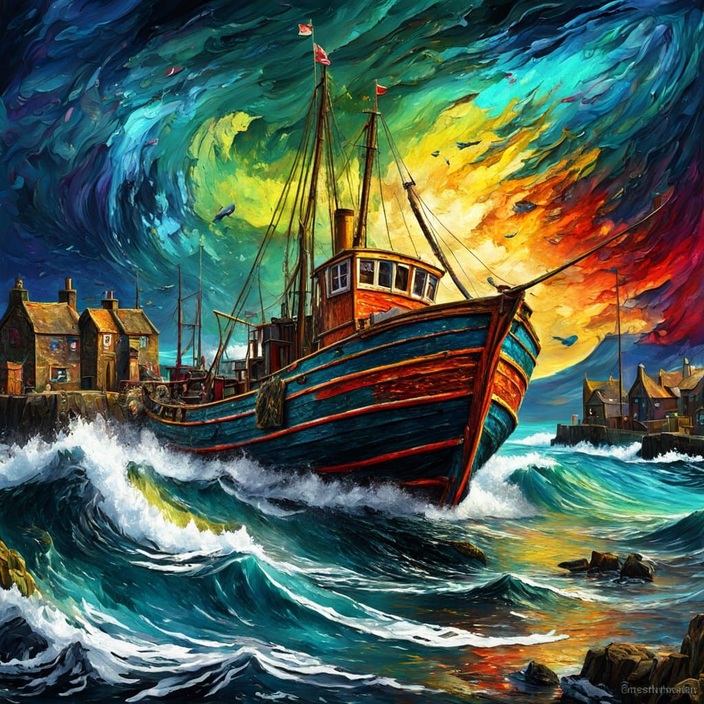 Vibrant Scottish Harbour in Hyper-Impasto Style