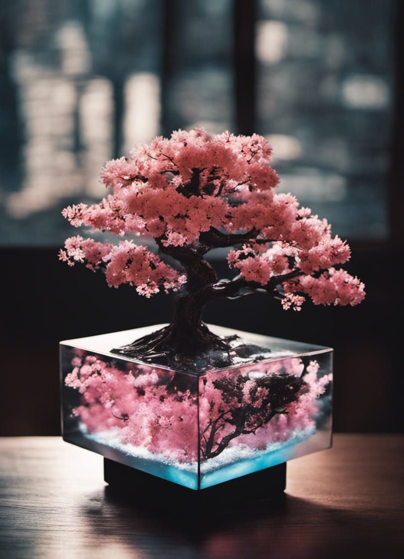 Glass Cube Sakura Bonsai Double Exposure Collage