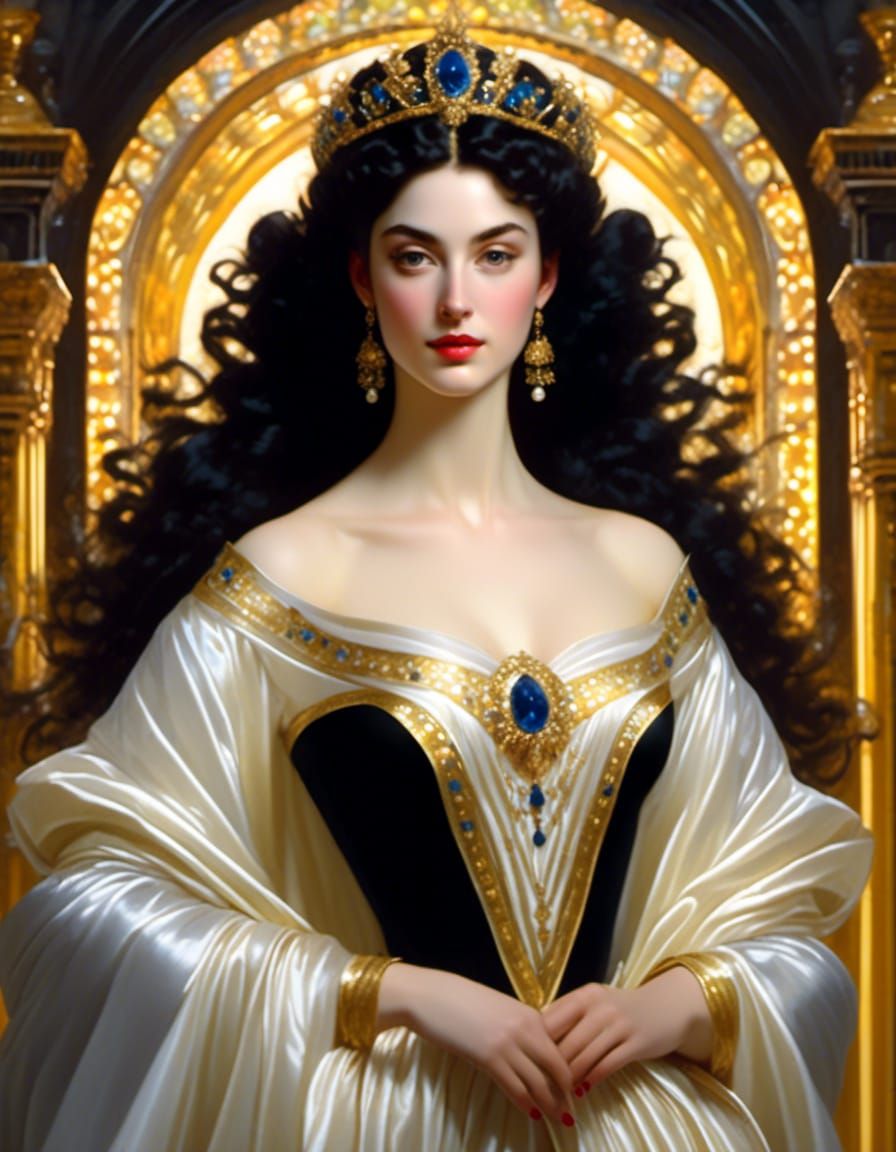 Pale Beauty with Oily Black Hair as Oil Painting