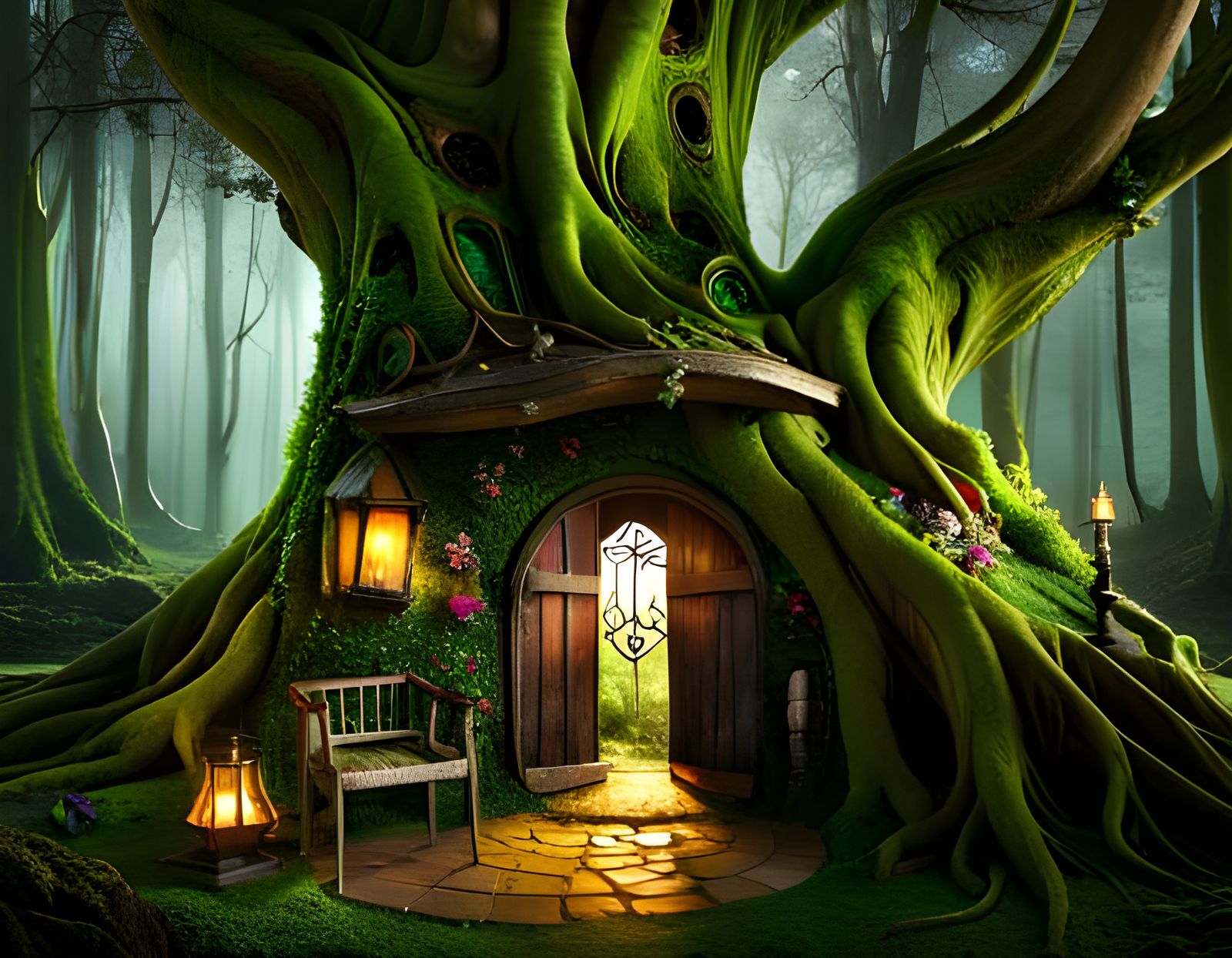 Whimsical Fairy Cottage in Gnarled Tree