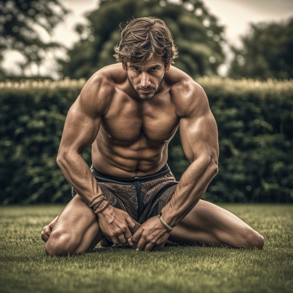 Hyperrealistic Photo of Handsome Man Wrestling on Lawn