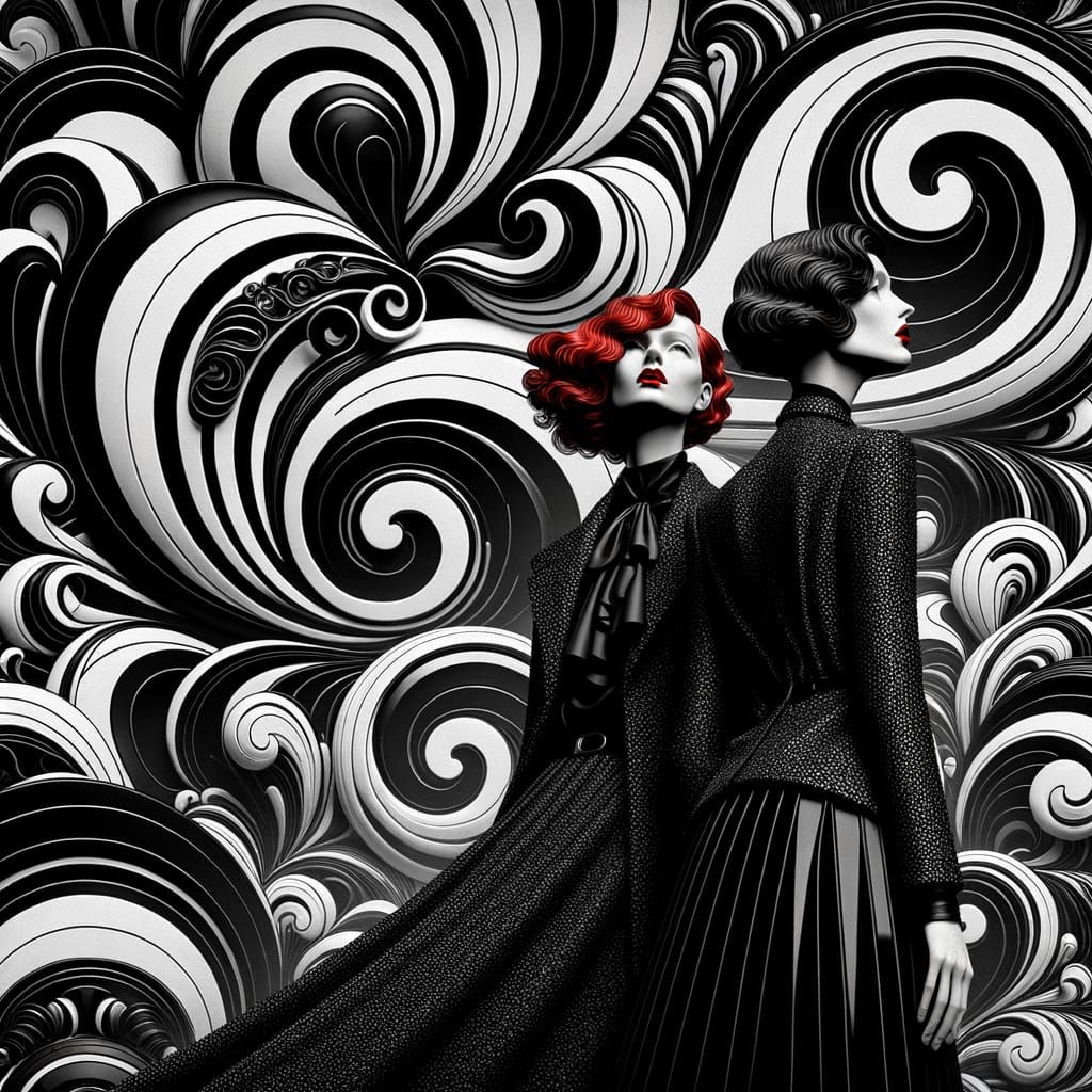 Abstract Swirls Forming Figures in Film Noir Style