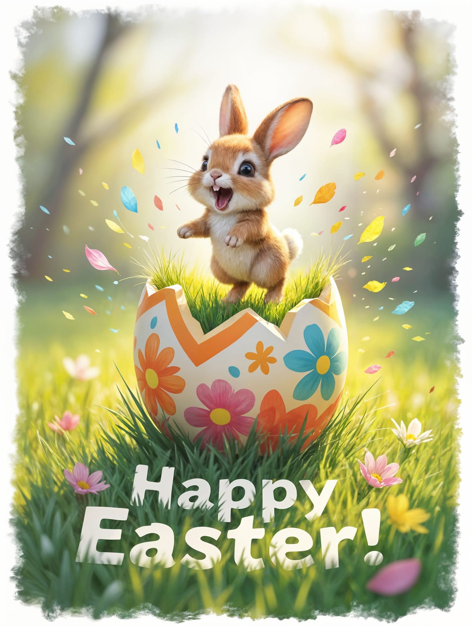 Joyful Easter Bunny Emerges from Vibrant Easter Egg