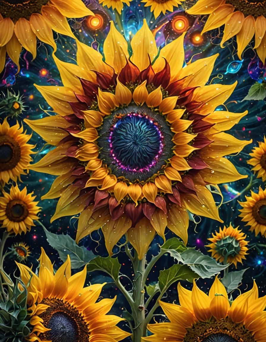 Radiant Sunflower Crown in Vibrant Kirlian Photography Style