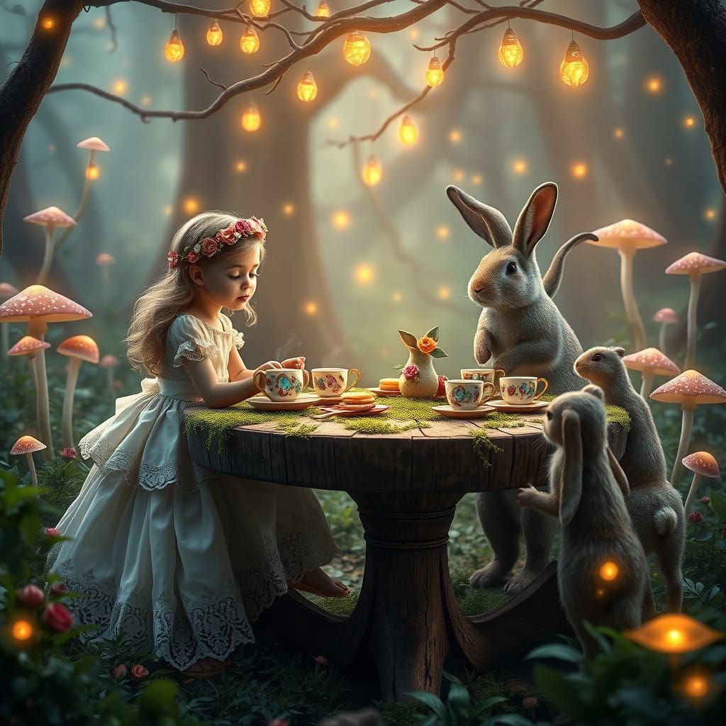 Whimsical Woodland Tea Party in Vibrant, Dreamlike Style