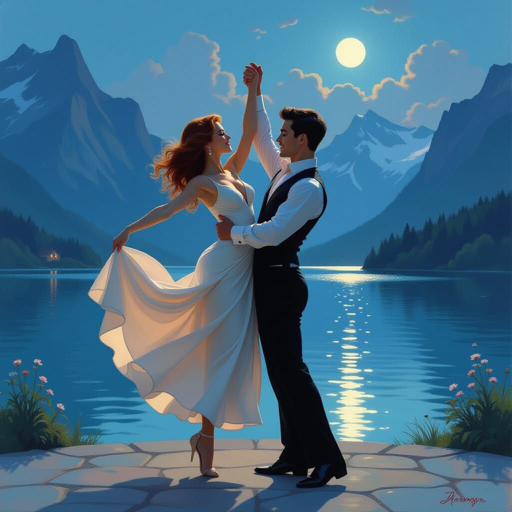 Moonlit Dance: Romantic Oil Painting
