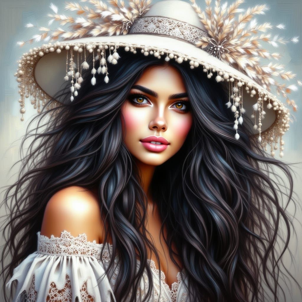 Elegant Woman with Black Hair in Alphonse Mucha Style