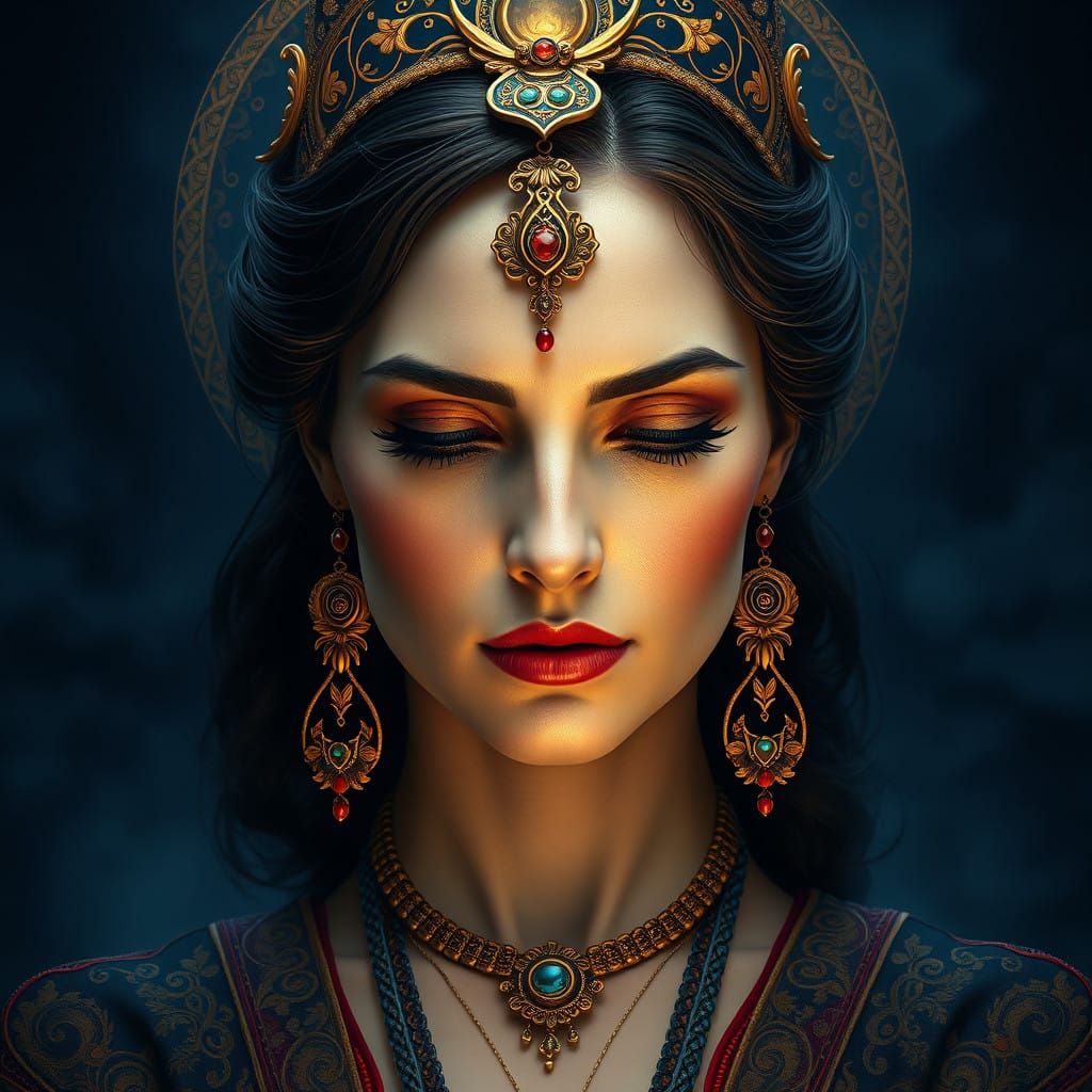 Regal Woman Beset by Stress in Art Nouveau Style