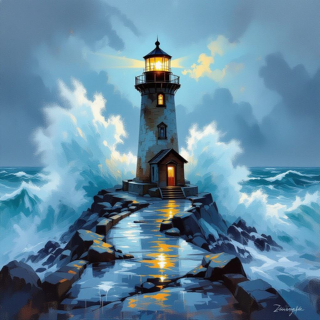 Storm-swept Lighthouse in Watercolor Style